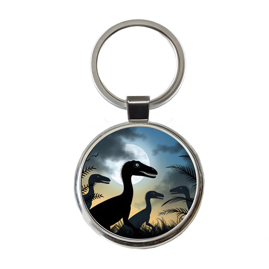 Troodon Silhouettes Night Dinosaurs Round Metal Keychain