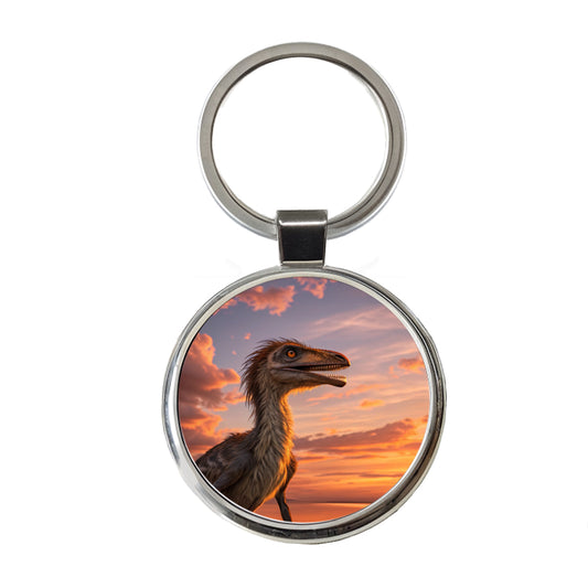 Troodon Sunset Dinosaur Round Metal Keychain