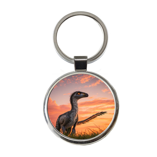Troodon Sunset Sunrise Dinosaur Round Metal Keychain
