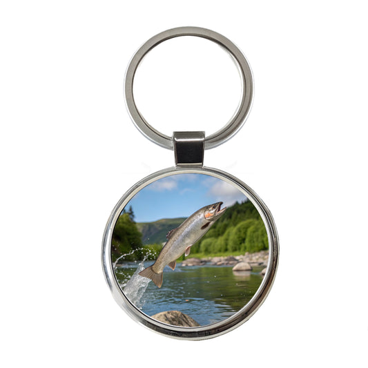 Trout Fish Jumping Fishing River Round Metal Keychain