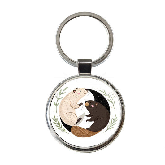 Two Beavers Yin Yang Cute Round Metal Keychain