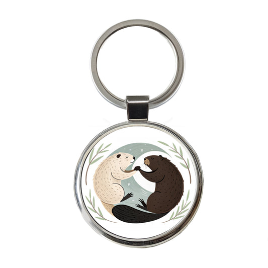 Two Beavers Yin Yang Round Metal Keychain