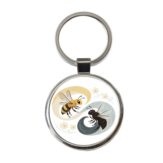 Two Bees Yin Yang Round Metal Keychain