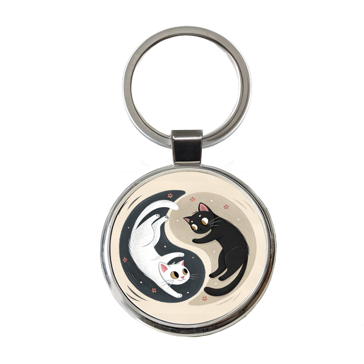 Two Cats Yin Yang Black White Round Metal Keychain