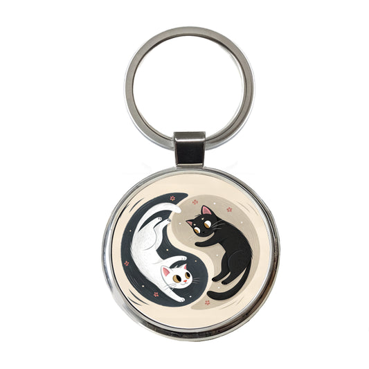 Two Cats Yin Yang Black White Round Metal Keychain