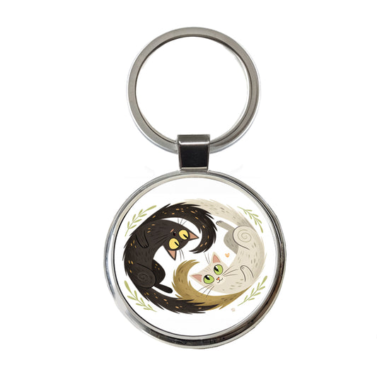 Two Cats Yin Yang Round Metal Keychain