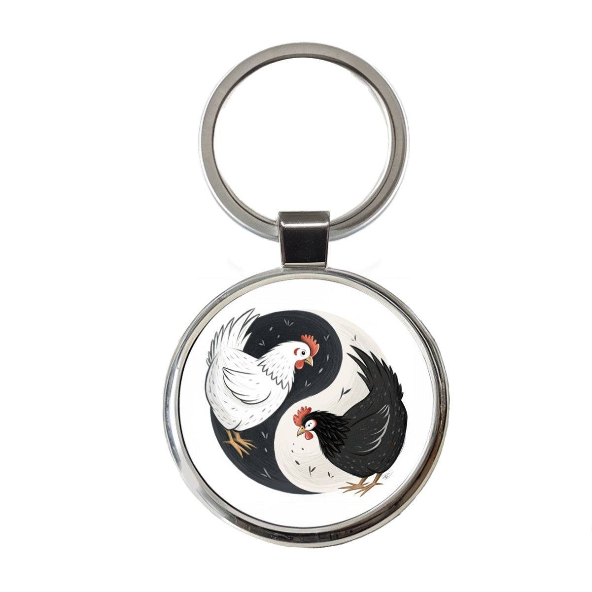 Two Chickens Yin Yang White Black Round Metal Keychain