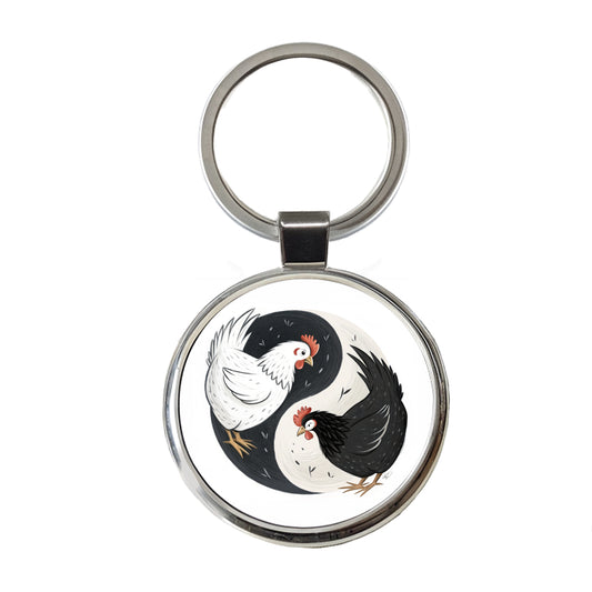 Two Chickens Yin Yang White Black Round Metal Keychain