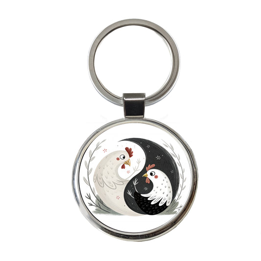 Two Chickens Yin Yang Round Metal Keychain