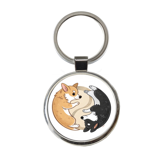 Two Corgis Yin Yang Dogs Cute Round Metal Keychain