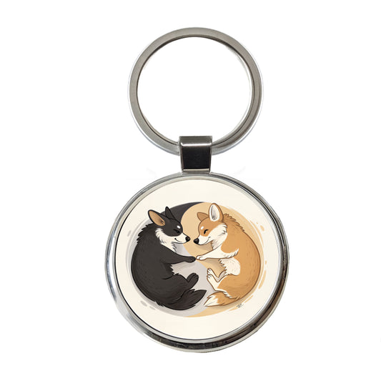 Two Corgis Yin Yang Dogs Round Metal Keychain