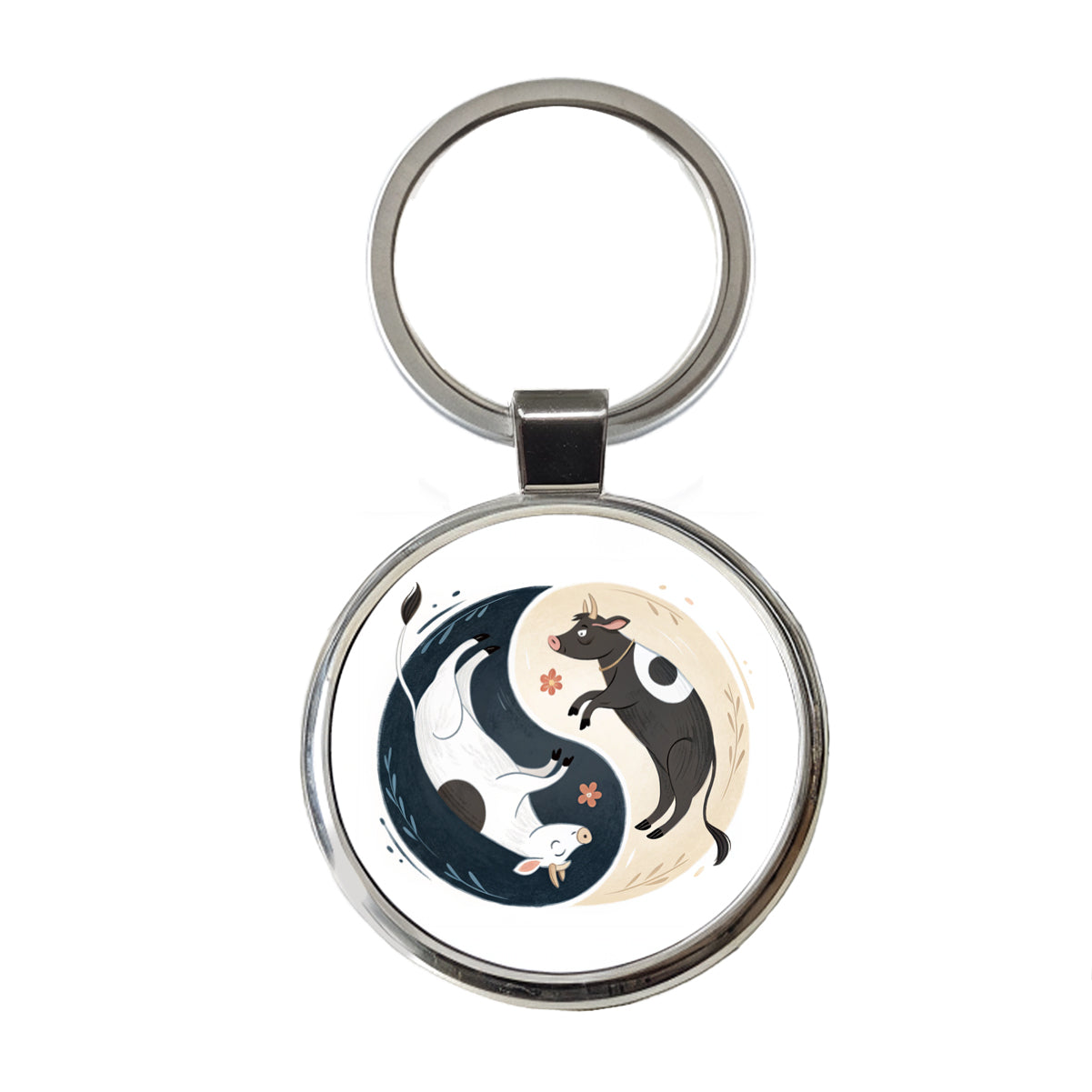 Two Cows Yin Yang Illustration Round Metal Keychain