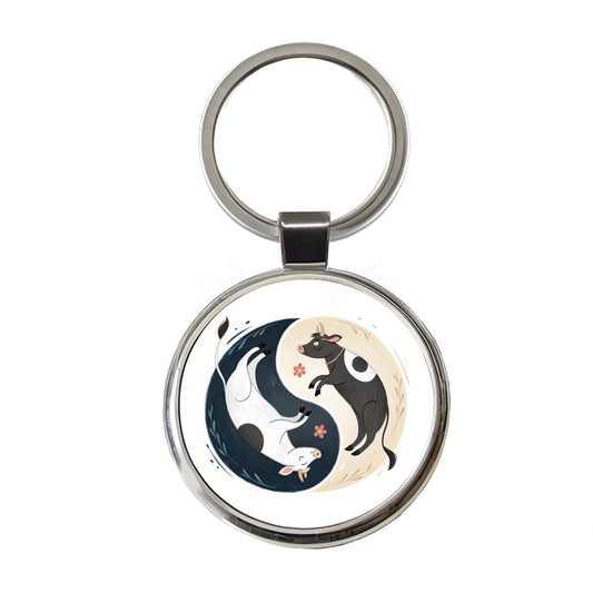 Two Cows Yin Yang Illustration Round Metal Keychain