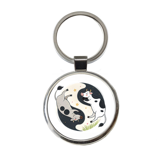 Two Cows Yin Yang Round Metal Keychain