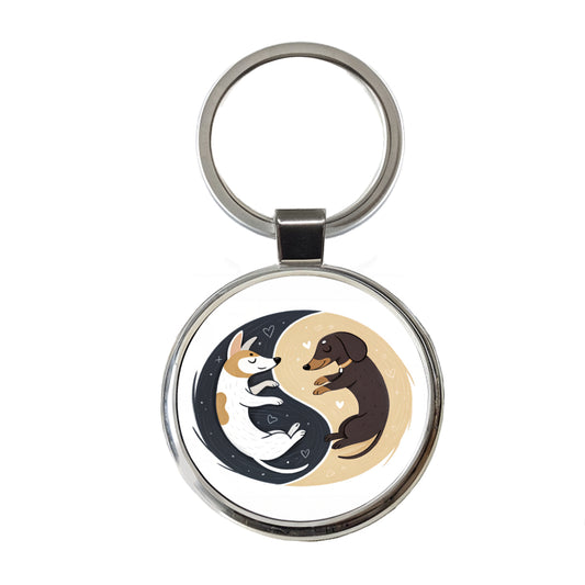 Two Dogs Yin Yang Illustration Round Metal Keychain