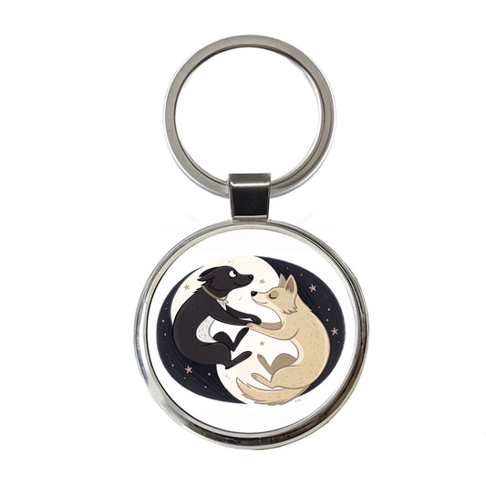 Two Dogs Yin Yang Round Metal Keychain