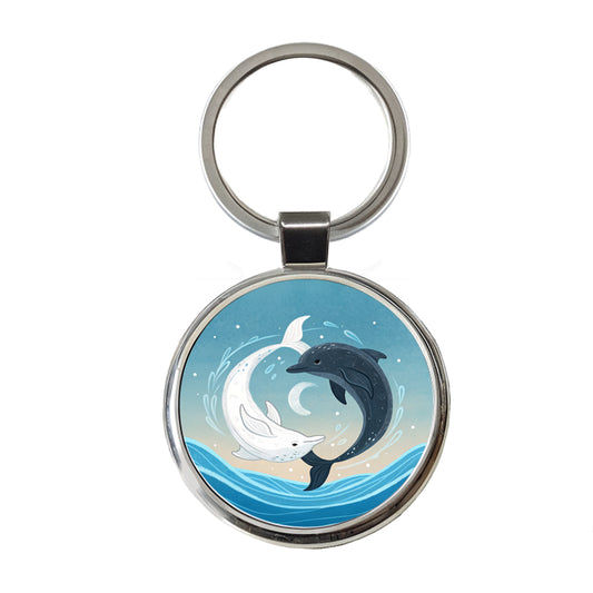 Two Dolphins Yin Yang Dark Light Round Metal Keychain