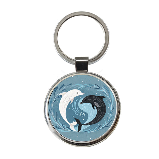 Two Dolphins Yin Yang Round Metal Keychain
