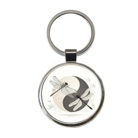 Two Dragonflies Yin Yang Round Metal Keychain