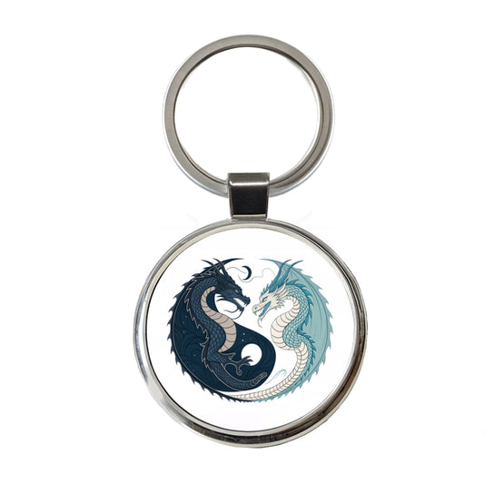 Two Dragons Yin Yang Dark Light Round Metal Keychain