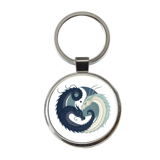 Two Dragons Yin Yang Round Metal Keychain
