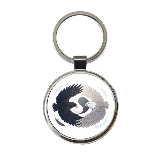 Two Eagles Yin Yang Dark Light Round Metal Keychain