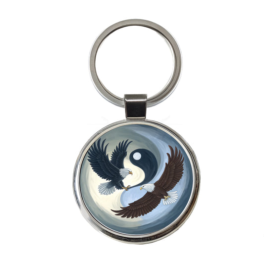 Two Eagles Yin Yang Round Metal Keychain