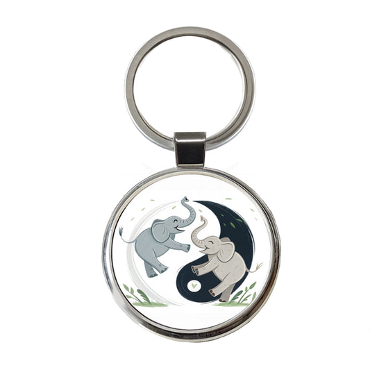Two Elephants Yin Yang Cute Round Metal Keychain