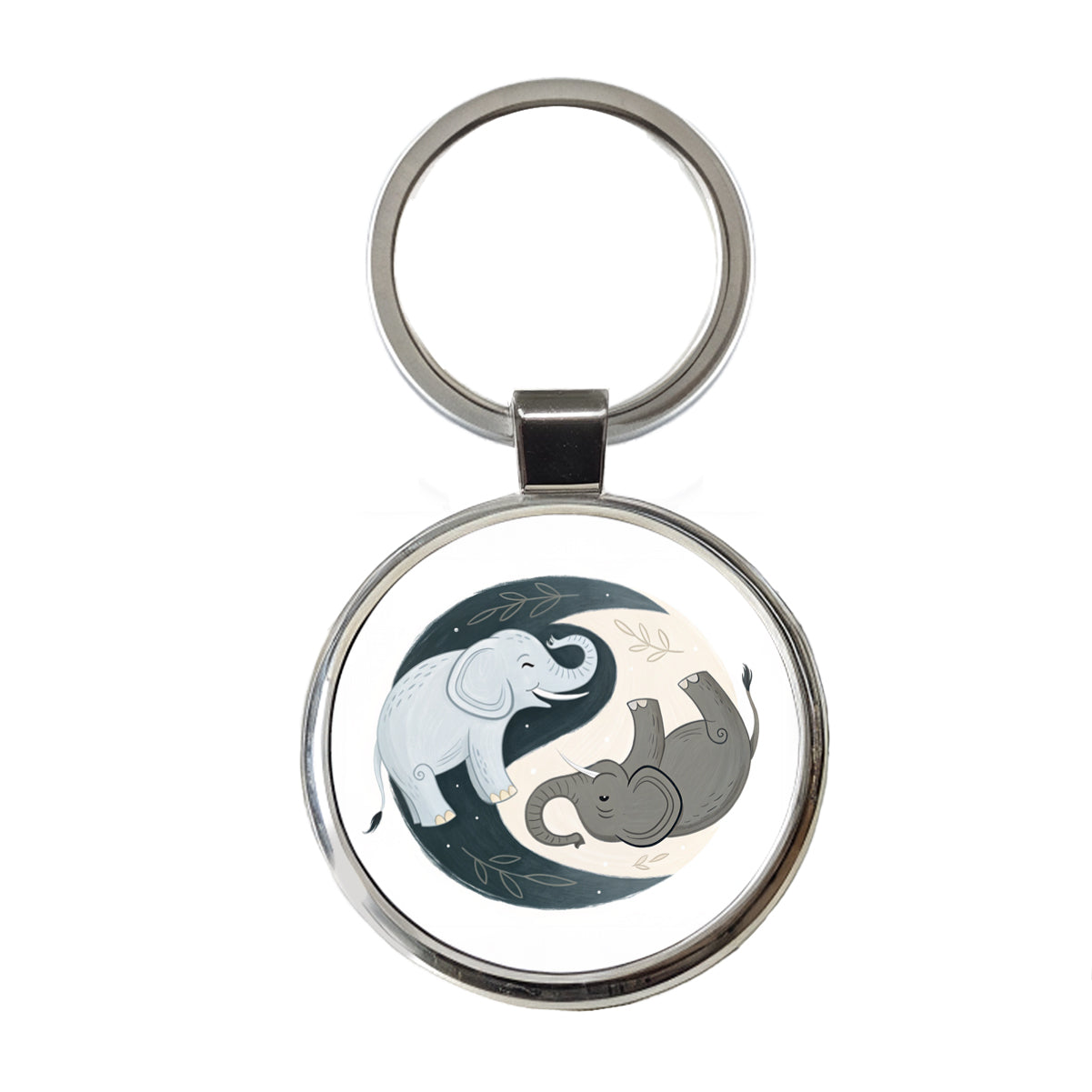 Two Elephants Yin Yang Round Metal Keychain