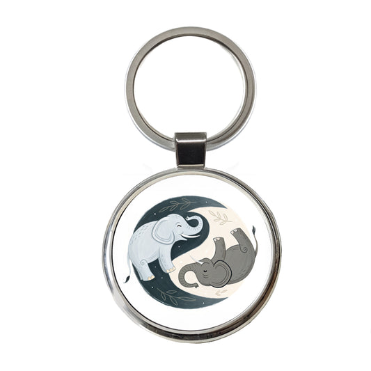 Two Elephants Yin Yang Round Metal Keychain