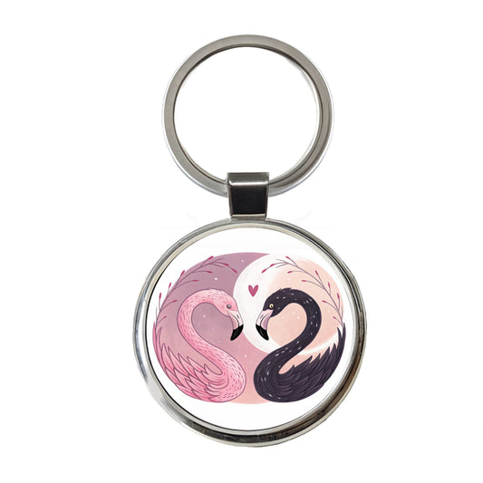 Two Flamingos Yin Yang Pink Black Round Metal Keychain