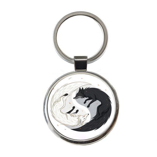 Two Foxes Yin Yang Black White Round Metal Keychain