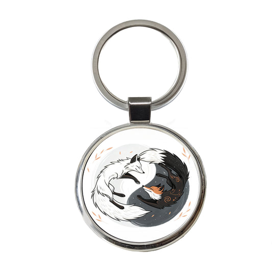 Two Foxes Yin Yang Round Metal Keychain