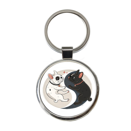 Two French Bulldogs Yin Yang Dark Light Round Metal Keychain