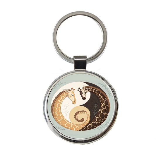 Two Giraffes Yin Yang Round Metal Keychain