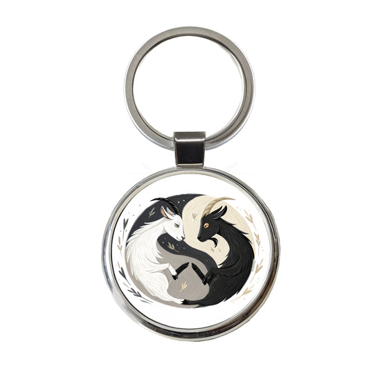 Two Goats Yin Yang White Black Round Metal Keychain