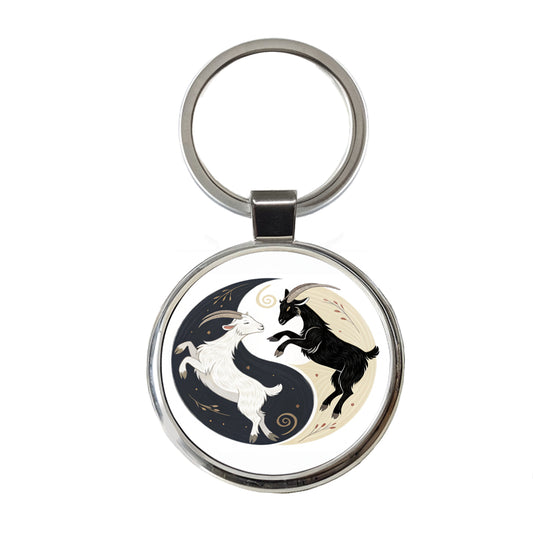 Two Goats Yin Yang Round Metal Keychain