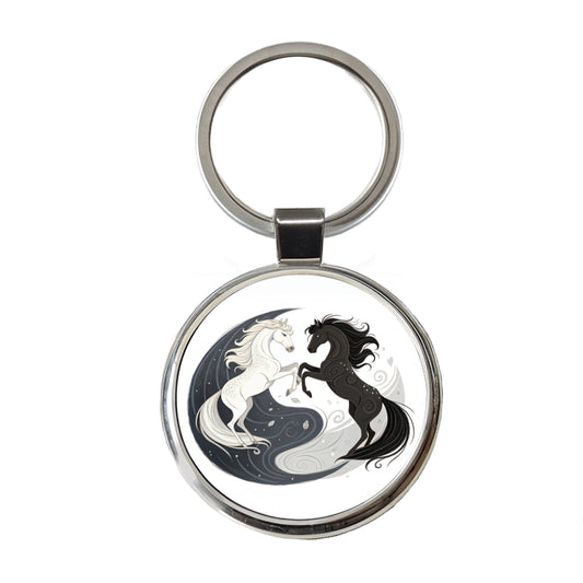 Two Horses Yin Yang Dark Light Round Metal Keychain