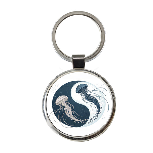 Two Jellyfish Yin Yang Round Metal Keychain