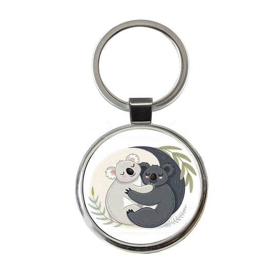 Two Koalas Yin Yang Round Metal Keychain