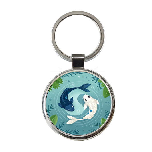 Two Koi Yin Yang Cute Round Metal Keychain