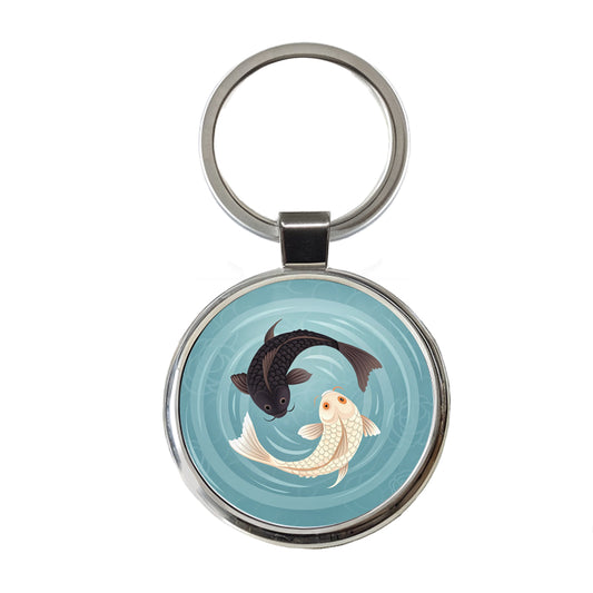 Two Koi Yin Yang Round Metal Keychain