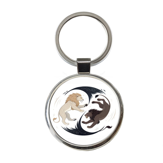 Two Lions Yin Yang Dark Light Round Metal Keychain