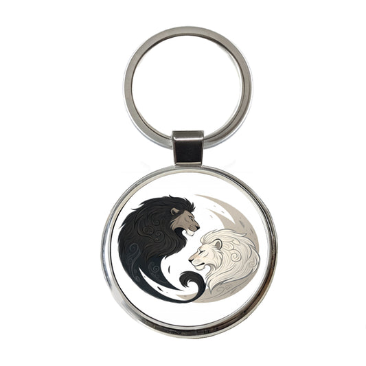 Two Lions Yin Yang Round Metal Keychain