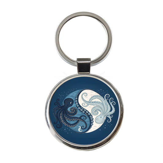 Two Octopus Yin Yang Blues Round Metal Keychain