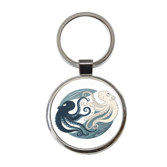 Two Octopus Yin Yang Round Metal Keychain