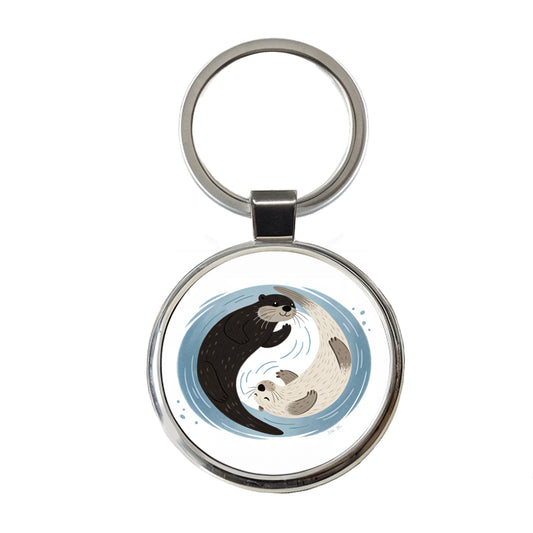 Two Otters Yin Yang Cute Round Metal Keychain
