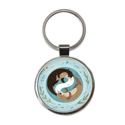 Two Otters Yin Yang Round Metal Keychain