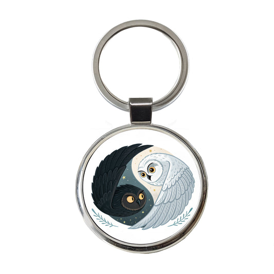 Two Owls Yin Yang Black White Round Metal Keychain