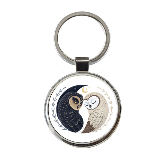 Two Owls Yin Yang Round Metal Keychain